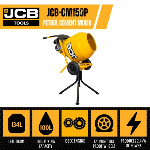 JCB Benzine 133cc 134L Naadgelaste Cementmixer 100L Werkcapaciteit | JCB-CM150P - Afbeelding 2
